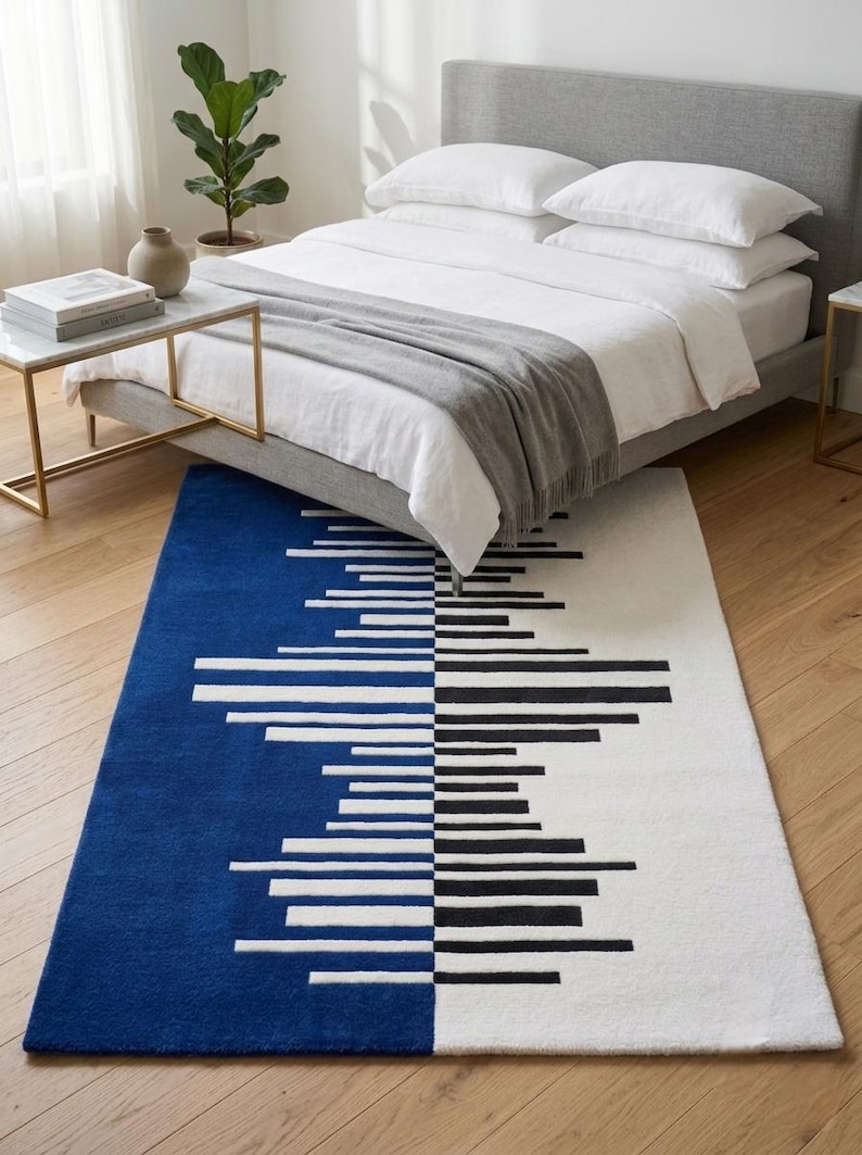 Hand Tufted Wool Area Rug, Modern Blue White Geometric Rug, Luxury ...