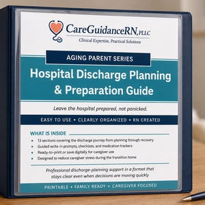 May include: A dark blue three-ring binder featuring a white cover insert titled Hospital Discharge Planning & Preparation Guide from the Aging Parent Series by CareGuidanceRN, PLLC, including sections for checklists and medication trackers.