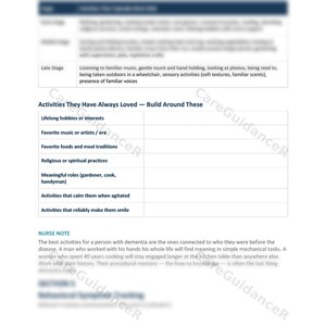 May include: A white document with the text "Activities They Have Always Loved - Build Around These" and a list of prompts. The document also includes a "NURSE NOTE" section with text about dementia care.