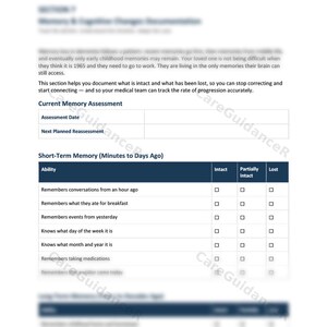 May include: A white document titled "Memory & Cognitive Changes Documentation" with sections for memory assessment and short-term memory evaluation. Includes checkboxes for intact, partially intact, and lost memory functions.