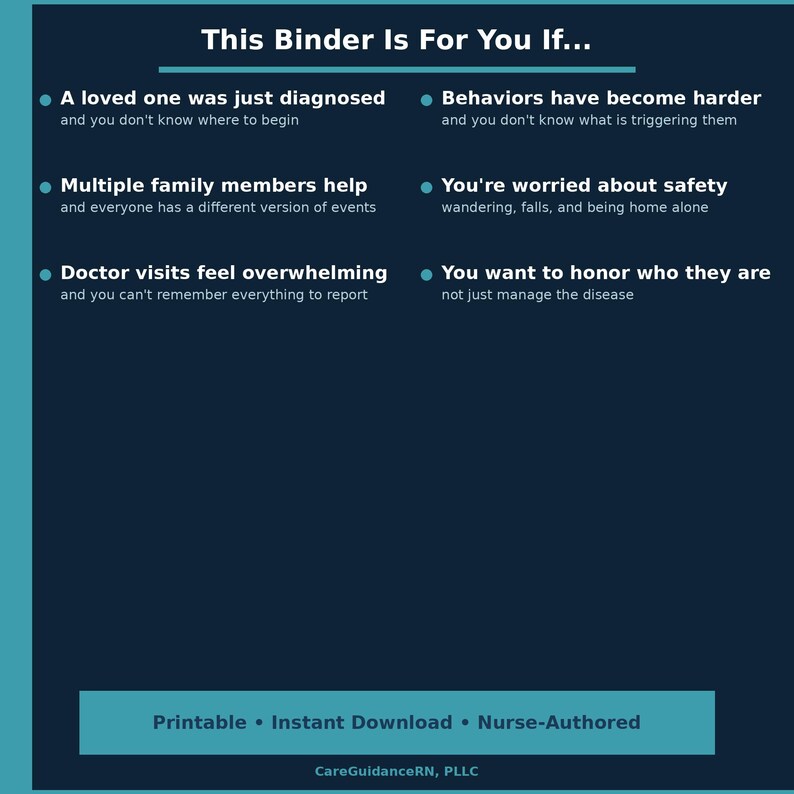 May include: A teal and navy blue printable document titled "This Binder Is For You If..." with bullet points listing reasons to use the binder. The document includes the text "Printable &bull; Instant Download &bull; Nurse-Authored" at the bottom.