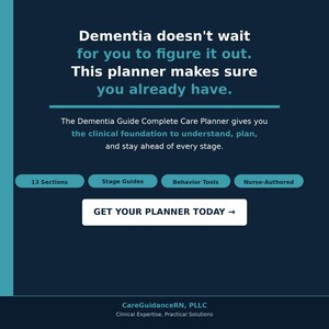 May include: A dark blue graphic with white text that reads "Dementia doesn't wait for you to figure it out. This planner makes sure you already have." The text is above a description of a dementia care planner.