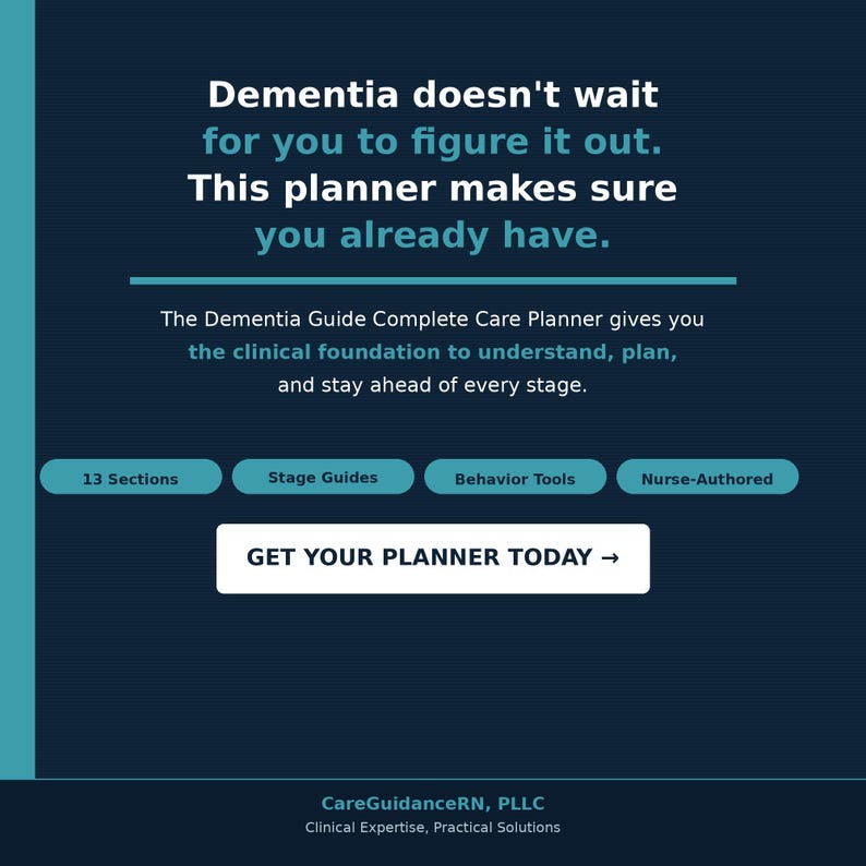 May include: A dark blue graphic with white text that reads "Dementia doesn't wait for you to figure it out. This planner makes sure you already have." The text is above a description of a dementia care planner.