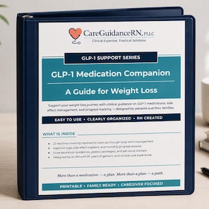May include: A dark blue three-ring binder featuring a white cover insert titled GLP-1 Medication Companion: A Guide for Weight Loss. The document includes sections on medication management, injection logs, dose escalation, and progress tracking.