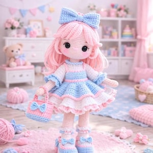 Peut inclure: Une poupée en crochet faite à la main avec des cheveux rose pastel et un grand nœud bleu clair sur la tête. La poupée porte une robe à volants blanche, bleu clair et rose, des chaussures assorties à nœuds et un petit sac à main en crochet.