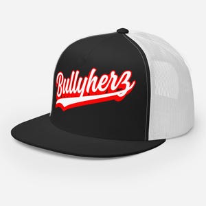 Könnte beinhalten: Schwarz-weiße Trucker-Cap mit dem Wort "Bullyherz" in roter und weißer Schrift. Die Kappe hat einen schwarzen Schirm und eine Frontplatte mit weißem Mesh-Rücken.