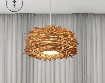 Lámpara colgante con forma de nido de pájaro, araña de bambú tejido, lámpara colgante de madera natural, lámpara de techo de ratán, decoración bohemia para el hogar, iluminación colgante rústica