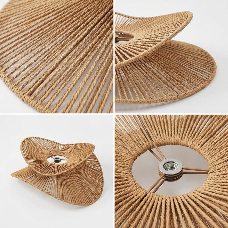 May include: A light brown lamp shade constructed from tightly wound rope arranged in a radial pattern. The shade features a dual-layered, wavy, organic shape with a central metal socket mount supported by three thin metal spokes at the center.