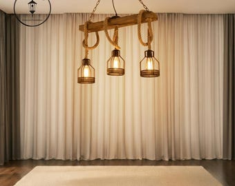 工業用木製シャンデリア、3灯ロープペンダントライト、素朴なファームハウス風吊り下げランプ、ヴィンテージダイニングルーム照明、レトロなバーアイランド照明器具