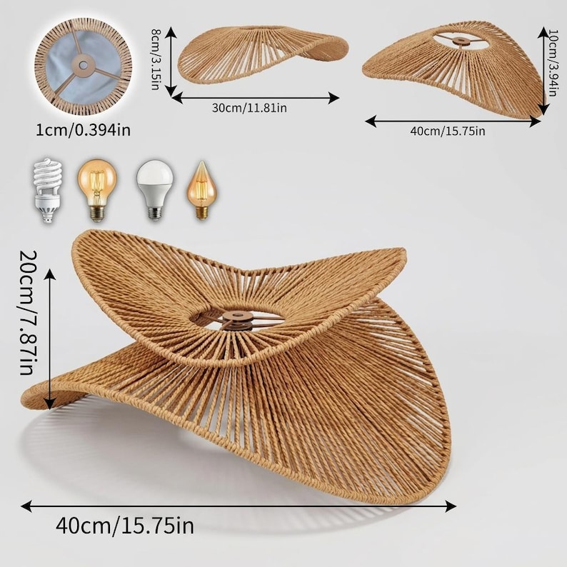 May include: A tan woven rope lampshade with a curved, organic shape. Dimensions shown include a 15.75 inch width, 7.87 inch height, and a 0.39 inch center opening. Four light bulb types are displayed: spiral, amber filament, white LED, and flame-shaped.