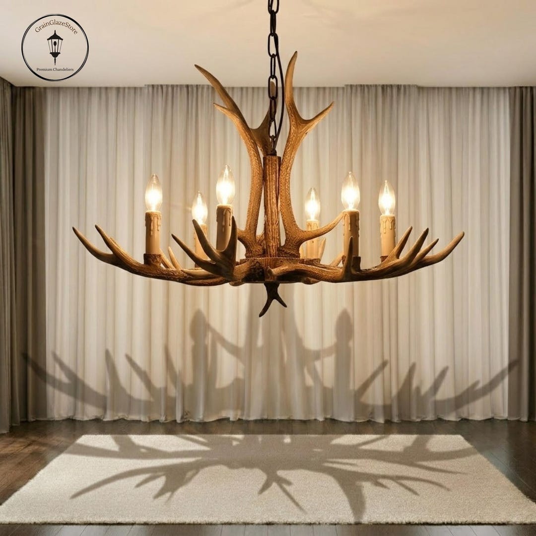 Rustic Antler Chandelier, Light Farmhouse Deer Horn Ceiling Fixture ...