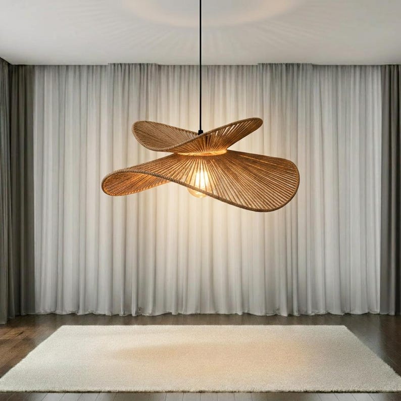 May include: A hanging pendant light fixture featuring a wide, layered shade constructed from thin, light brown woven fibers. The shade has a distinct, undulating, wave-like shape with a central light bulb emitting a warm, soft glow.