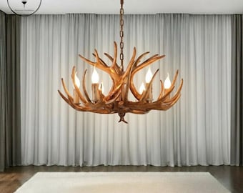 Rustic Antler Chandelier, 6 Light Farmhouse Deer Horn Ceiling Fixture , Cabin Lodge Décor