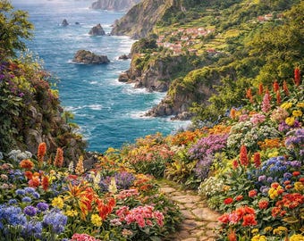 Madeira Flower Island Wall Art, Colorful Coastal Landscape, Portugal Nature Digital Print