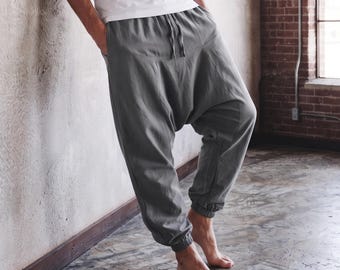 Mens Harem Pants, Casual Baggy Jogger, Linen Cotton Loose Trousers, Yoga Resort Wear Bottoms