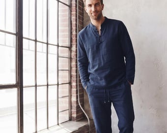 Mens Two Pieces Asian Outfit: Mandarin Collar Shirt Tunic & Comfy Pants | Resort Wear, Homewear, Gift Pajama Set