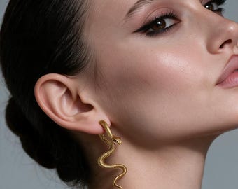 Gold Snake Drop Dangle Earring, Gothic Serpent Accessories, Cobra Python Stud, Statement Jewelry Gift