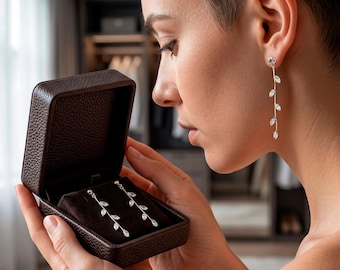 Pendientes colgantes de hoja marquesa - Cadena larga, joyería nupcial de plata y oro, regalo para damas de honor