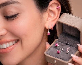 Set di 3 orecchini a cerchio - Orecchini a cerchio con fiore in argento e cristallo rosa + orecchini a perno, gioielli per piercing, regalo per donna