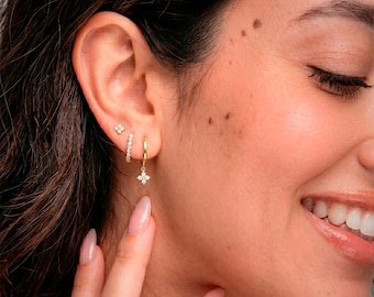 Earrings Set 3pcs - Tiny Flower Studs & Huggie Hoops Silver Gold, Piercing Jewelry, Girlfriend Gift