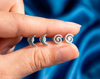 Flat Back Studs Earrings Sterling Silver, Nap Sleeper Pin 20G, Minimalist Jewelry Star Moon
