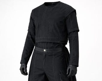 Helsvart taktisk cosplay-flygdräkt med kappa – futuristisk prisjägarekostym