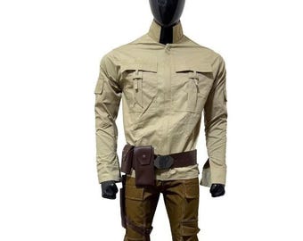 Sci-Fi Tactical Cosplay Costume | Beige Combat Shirt & Brown Cargo Pants with Holster Belt | Space Smuggler Outfit | Custom Size Halloween