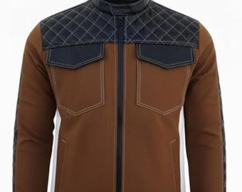 Men’s Brown Leather Jacket with Black Quilted Panels | Modern Biker Style Jacket | Slim Fit Zip-Up Fashion Jacket for Men