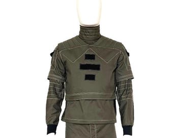 Olive Green Tactical Cosplay Costume | Sci-Fi Flight Suit Outfit | Futuristic Combat Uniform with Chest Armor Panels | Custom Size Available