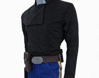 Han Solo Inspired Costume | Han Solo Cosplay Outfit | Star Wars Smuggler Costume Black Shirt Blue Pants Yellow Stripe Belt Holster