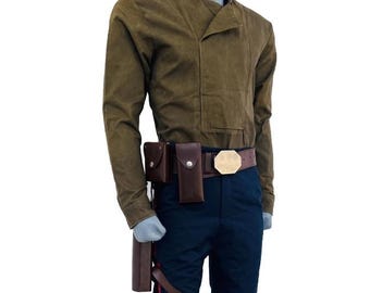 Han Solo Inspired Cosplay Costume | Star Wars Smuggler Outfit | Brown Jacket Blue Pants Red Stripe | Sci-Fi Holster Belt Costume