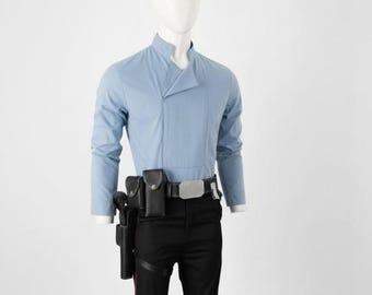 Han Solo Inspired Cosplay Costume | Blue Shirt Black Pants with Side Stripe | Space Smuggler Outfit with Holster Belt | Sci-Fi Costume