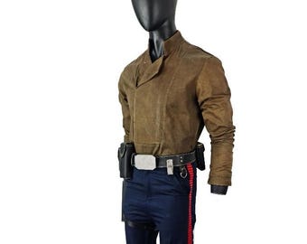 Han Solo Inspired Cosplay Costume | Star Wars Smuggler Outfit | Brown Shirt Blue Pants Red Stripe | Holster Belt Sci-Fi Costume Set