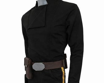 Han Solo Inspired Black Cosplay Costume | Black Shirt & Pants with Yellow Stripe | Space Smuggler Outfit with Holster Belt