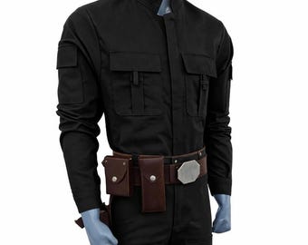 Black Tactical Cosplay Costume | Star Wars Inspired Smuggler Outfit | Mandalorian Style Shirt Pants with Leather Utility Belt Holster Set