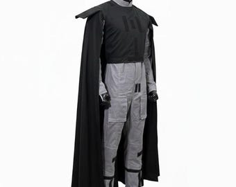 Custom Bounty Hunter Cosplay: Dark Gray Flight Suit, Distressed Leather Vest, Wool Cape
