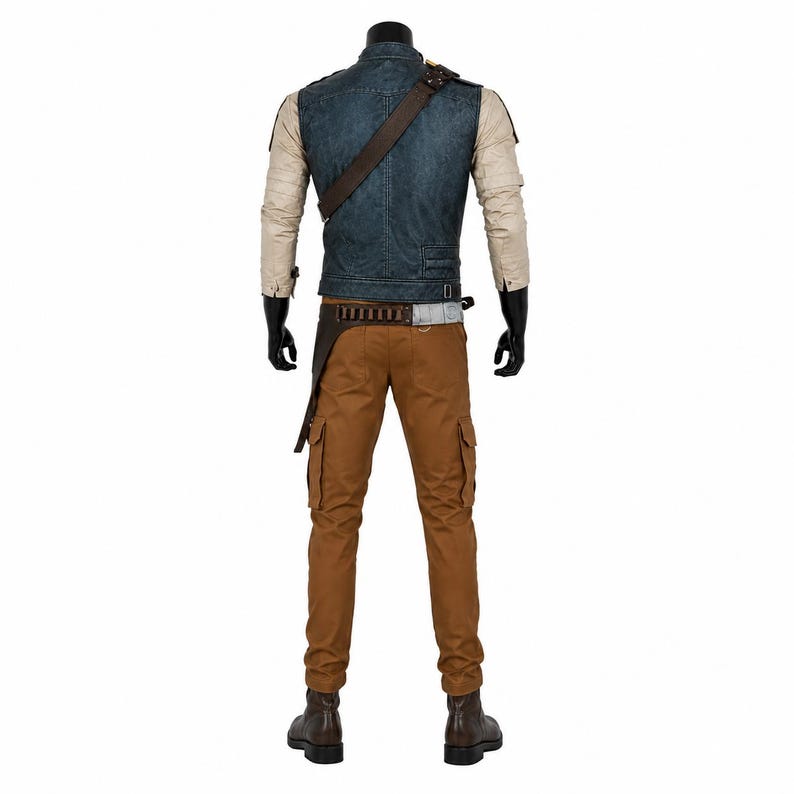 May include: A costume comprising a blue denim vest, tan long-sleeved shirt, brown cargo trousers, and a brown leather belt with a holster. The outfit includes a brown shoulder strap and brown boots. The mannequin wears black gloves.
