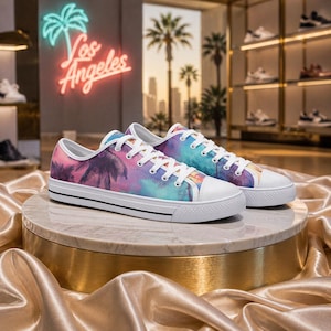 Könnte beinhalten: Ein Paar niedrige Canvas-Sneakers mit einem farbenfrohen Palmen-Design. Die Schuhe haben eine weiße Zehenkappe, weiße Schnürsenkel und einen schwarzen Streifen entlang der weißen Sohle. Im Hintergrund befindet sich ein Neon-Schild mit der Aufschrift "Los Angeles".