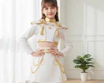 KPop Demon Hunters Kids Dress, Cute KPop Super Girls Outfit, Kpop Clothes, Kids KPop Demon Hunter Group White & Gold Dress