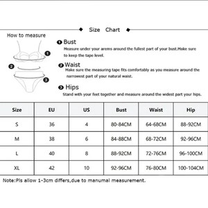 May include: A swimwear size chart with diagrams showing how to measure bust, waist, and hips. The chart provides EU and US size conversions, with measurements in centimetres for bust, waist, and hip sizes from S to XL.