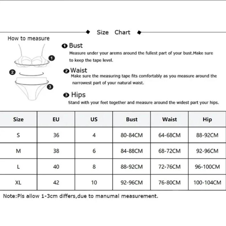 May include: A swimwear size chart with diagrams showing how to measure bust, waist, and hips. The chart provides EU and US size conversions, with measurements in centimetres for bust, waist, and hip sizes from S to XL.