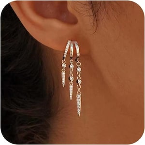 Triple Huggie Dangle Earrings: Silver Plated Brass Chain Drop Jewelry