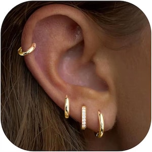 Waterproof Gold Huggie Hoop Earrings Set: 14K Gold Plated, Hypoallergenic Stack Cartilage Jewelry