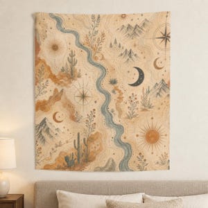 50 by 60 inches — Desert Map Celestial Large Wall Tapestry, Beige Boho Art