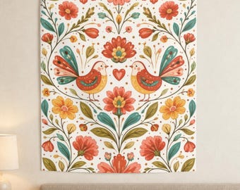 Teal Terracotta Folk Bird Large Wall Tapestry, Floral Art