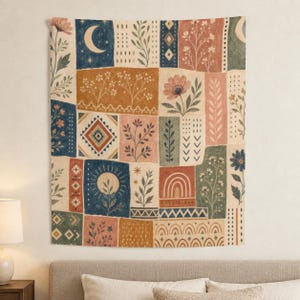 50 by 60 inches — Boho Moon Patchwork Large Wall Tapestry, Terracotta Floral Art