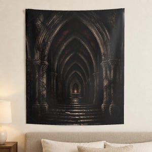 Dark Gothic Crypt Large Wall Tapestry, Cathedral Arch Art