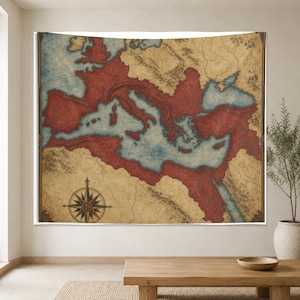 60 x 50 pulgadas — Tapiz mural grande con mapa de fantasía mediterránea, arte del atlas rojo y azul