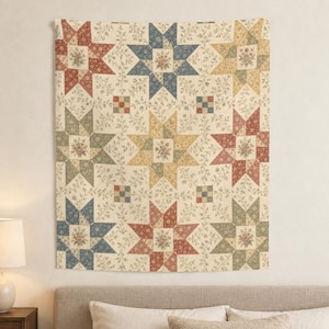 50 bij 60 inch — Patchwork Quilt Star Groot Wandtapijt, Ingetogen Landelijke Kunst
