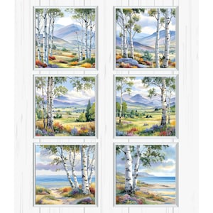 May include: Six framed landscape paintings featuring birch trees, rolling hills, and mountains. The artwork showcases vibrant colors of green, yellow, blue, and purple, with a focus on nature and scenic views. Each painting is in a white frame.